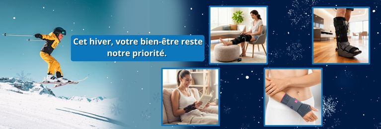 Bannière de Noël TousOrtho.fr mettant en avant divers produits orthopédiques pour le confort au quotidien, accompagnée d’illustrations festives de fin d’année